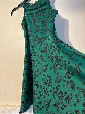 Blueberi Boulevard Teal Green Floral High-Neck A-Line Dress